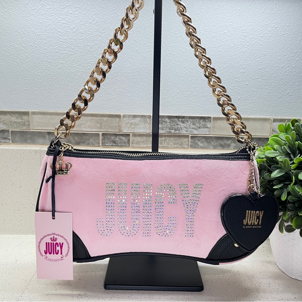 NEW Juicy Couture Pink Velour Rhinestone Baguette Shoulder Bag Gold Chain NWT‎